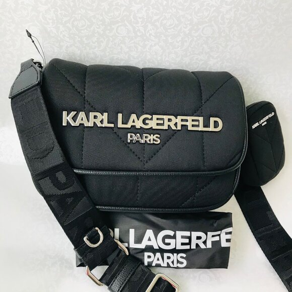 KARL LAGERFELD PARIS Crossbody Bag W Airpod Case  Black Nylon w Dust Bag New - Picture 1 of 9